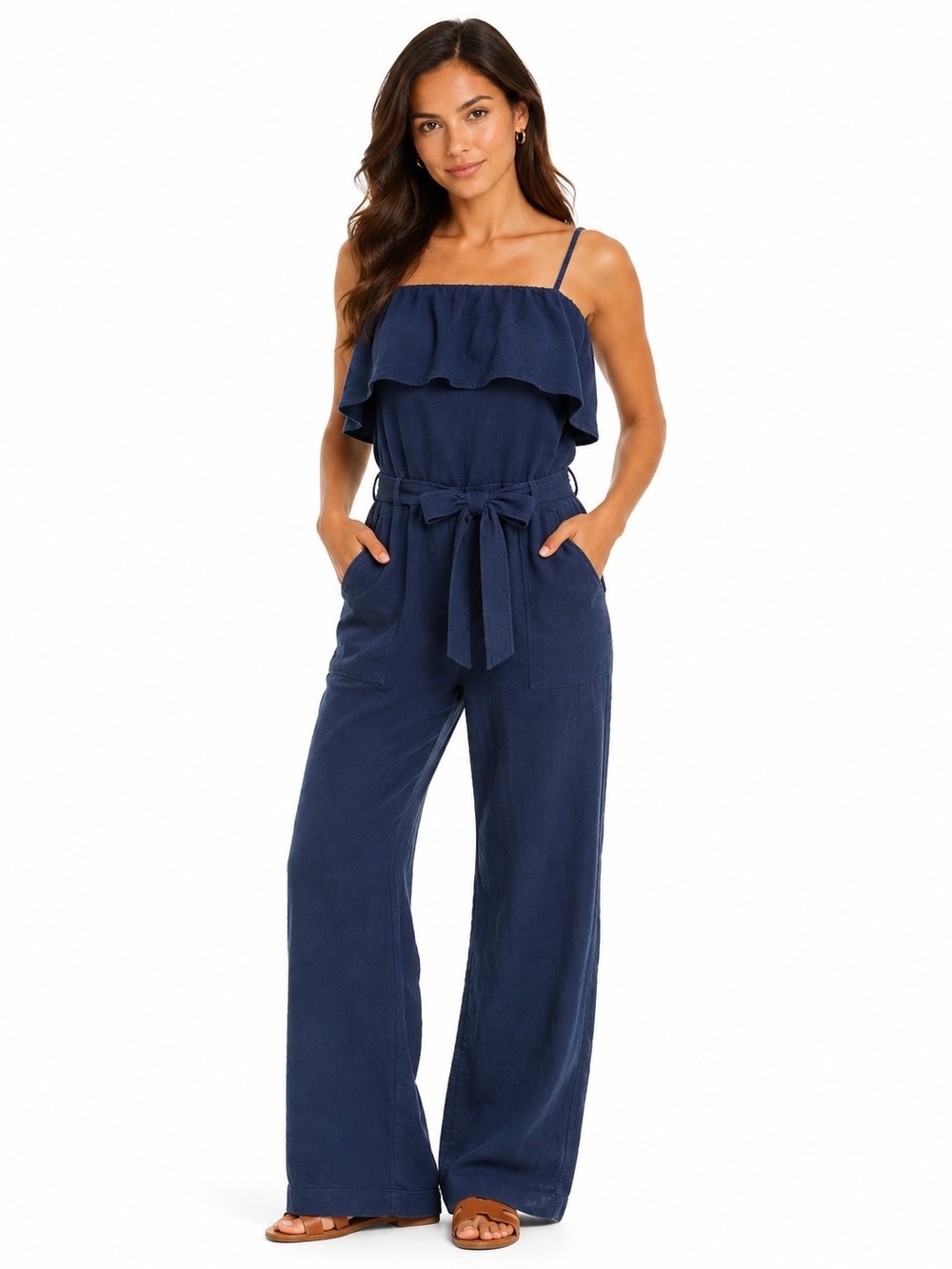Abercrombie & Fitch Navy Ruffle-Front Wide Leg Jumpsuit